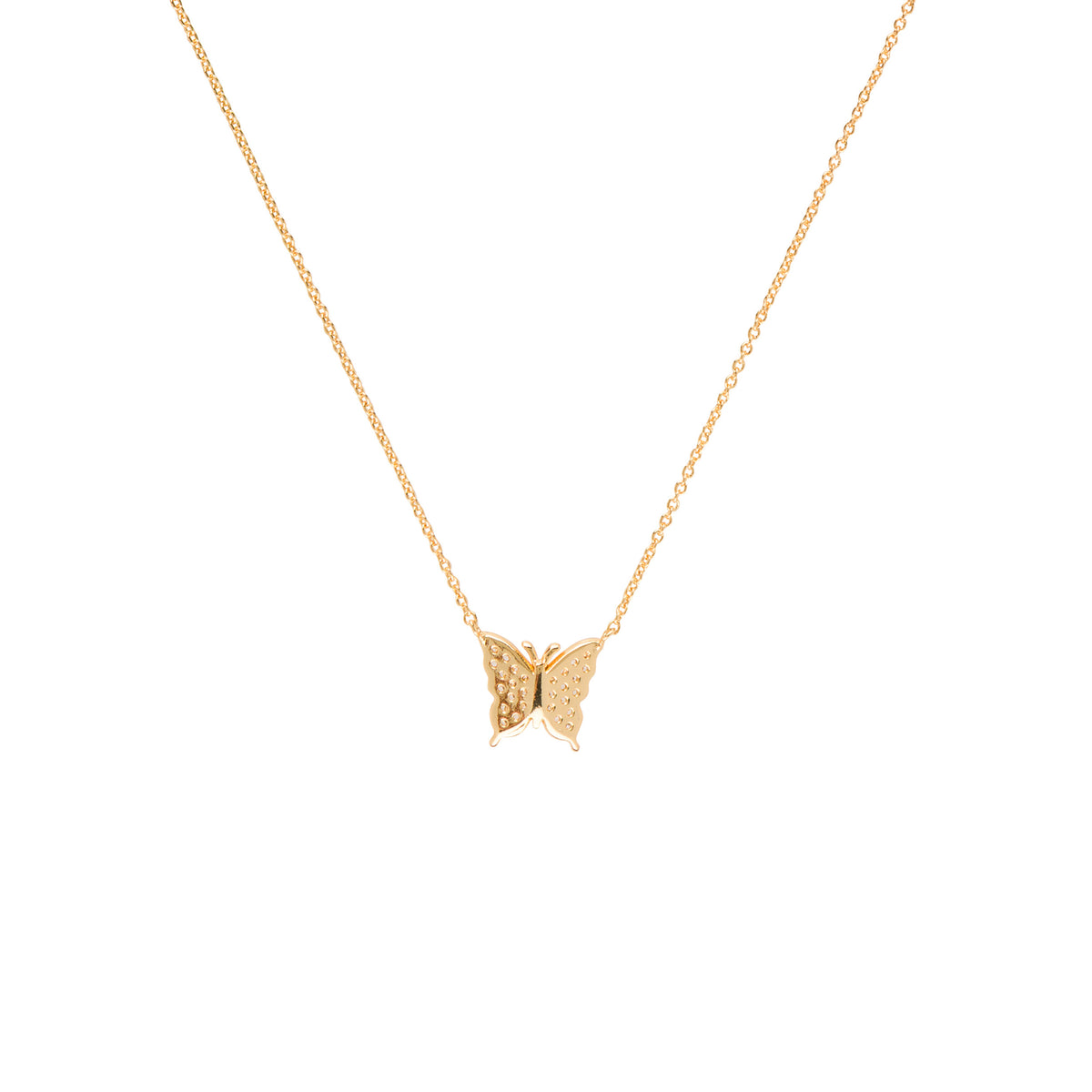 A delicate gold chain necklace featuring a small butterfly pendant with textured wings, displayed against a solid white background.