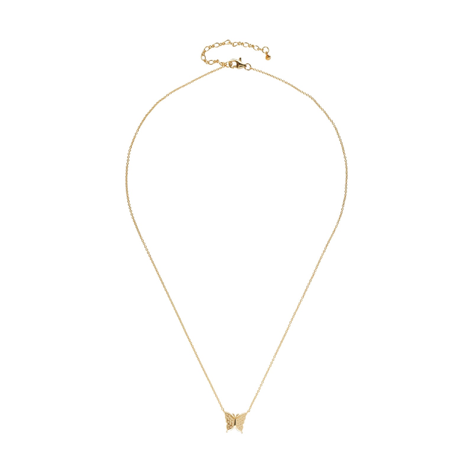 A delicate gold chain necklace featuring a small butterfly pendant with textured wings, displayed against a solid white background.