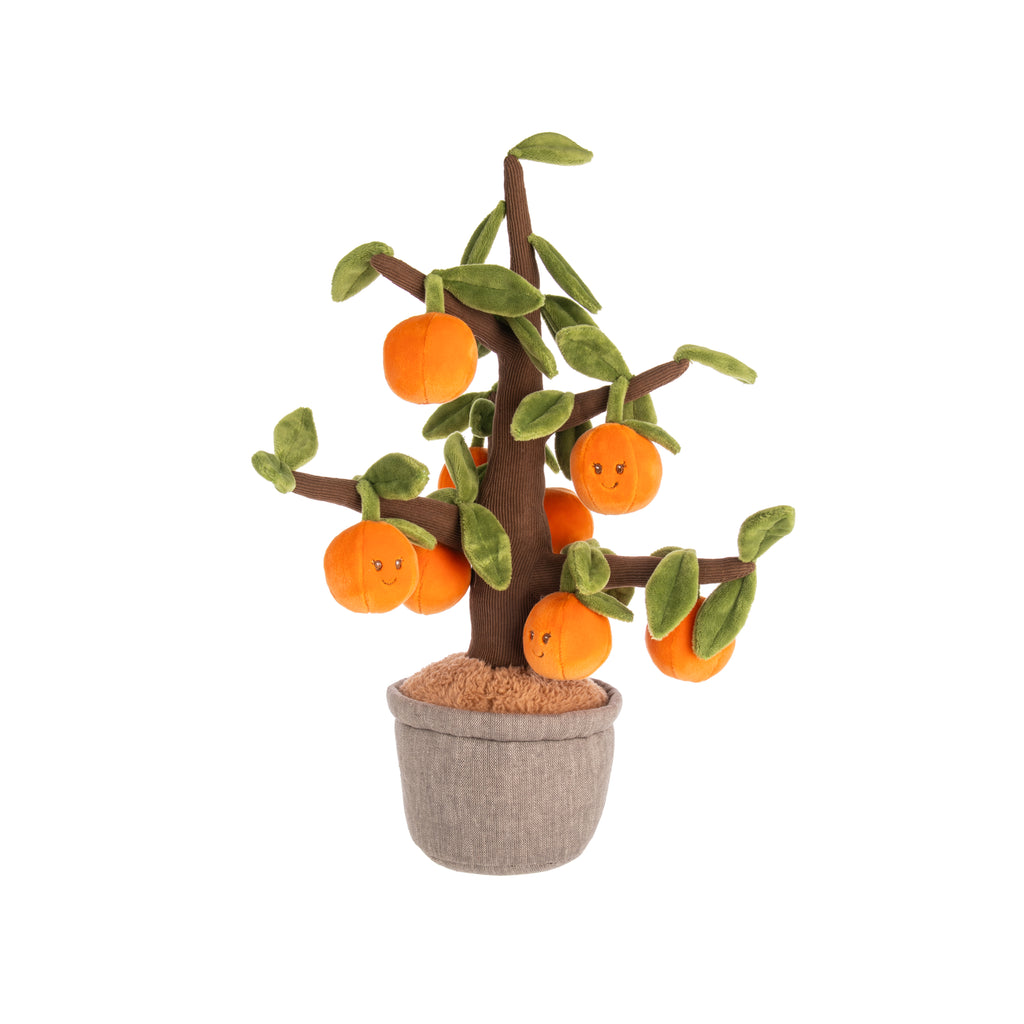 Celebrate citrus with this plush orange tree. With its brown corduroy branches and friendly-faced oranges, this plush orange tree also features a soft dirt detail in a cloth planter. This would be an adorable addition in a kids' room. Dimensions: 16" Height Material: Polyester Fiber, Plastic Pellets Designed in Sweden