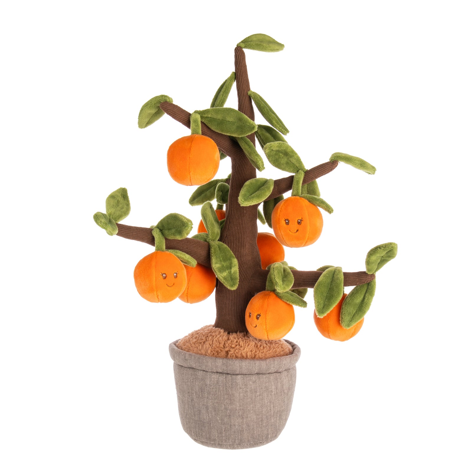 Celebrate citrus with this plush orange tree. With its brown corduroy branches and friendly-faced oranges, this plush orange tree also features a soft dirt detail in a cloth planter. This would be an adorable addition in a kids' room. Dimensions: 16" Height Material: Polyester Fiber, Plastic Pellets Designed in Sweden