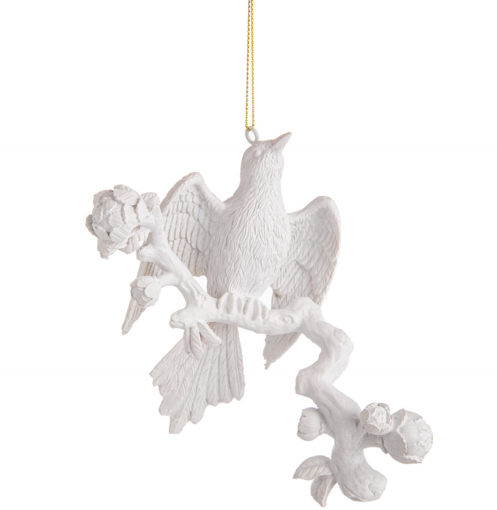 Add the symbolism of a peaceful bird perched on a branch, surrounded by blooming peonies to your holiday decor with this delightfully detailed white ornament. 