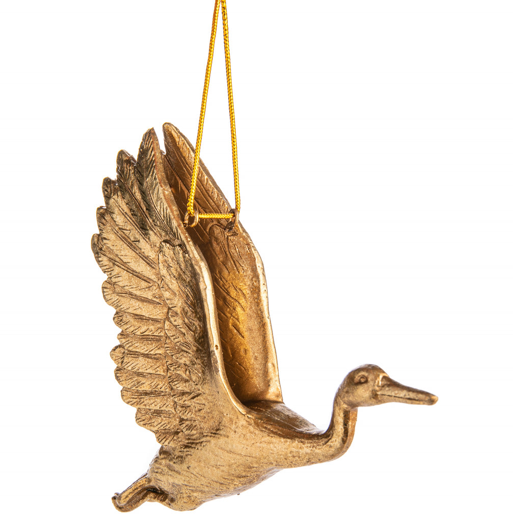 The crane represents good fortune, longevity, and immortality. Add this wonderful symbolism to your holiday decor with this golden flying crane ornament.