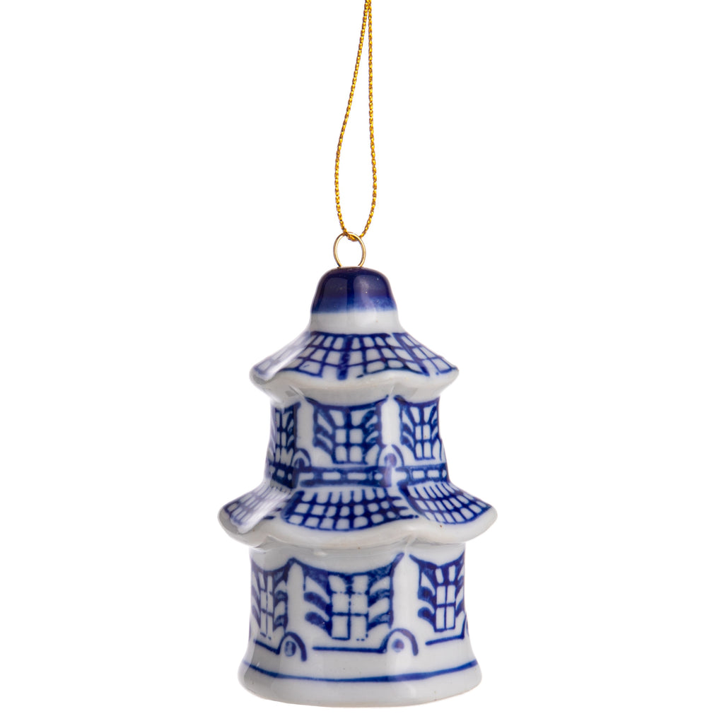 This delightful porcelain ornament features a classic blue & white design. This pretty and intricate style of decoration was introduced during the Ming Dynasty. Ginger jar style ornament, shaped like a two-tier temple.