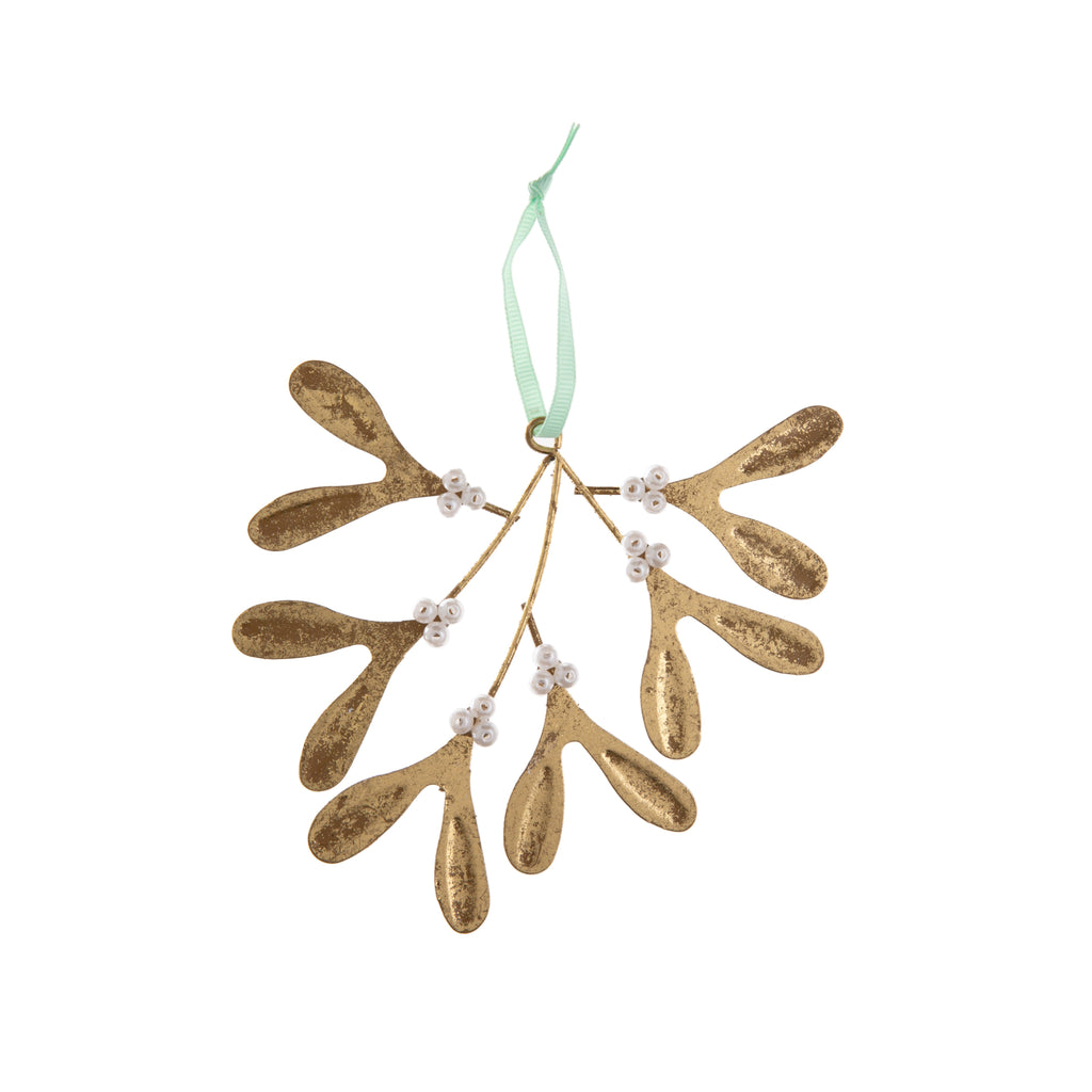 Ready to hang the mistletoe? This antique gold decorated mistletoe ornament has faux pearl beads, as well as a mint green ribbon for hanging. This ornament would look wonderful hung on your holiday tree, and to add a golden look to your holiday decor. Dimensions: 5.3" x 0.5" Material: Gold-plated Brass, Glass Beads