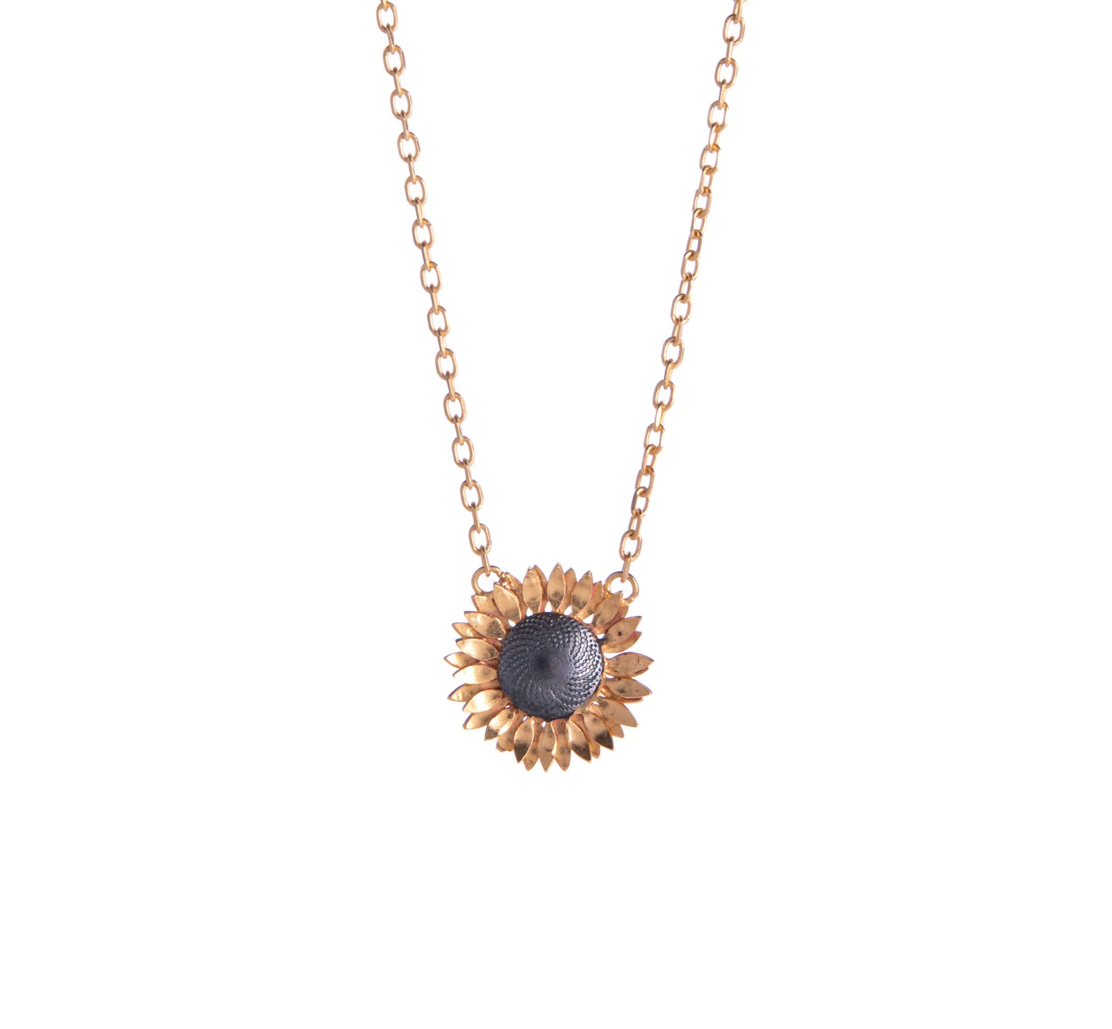 Spread joy with this sunflower pendant necklace. With gold detail for the petals, the center of the earring is oxidized silver to make the yellow stand out.