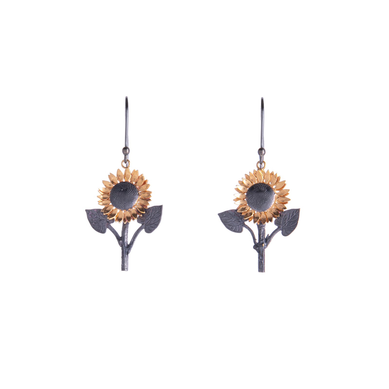 These sunflower stalk earrings with gold detail and oxidized silver shine like a real sunflower. Get these beauties for the flower lover in your life.