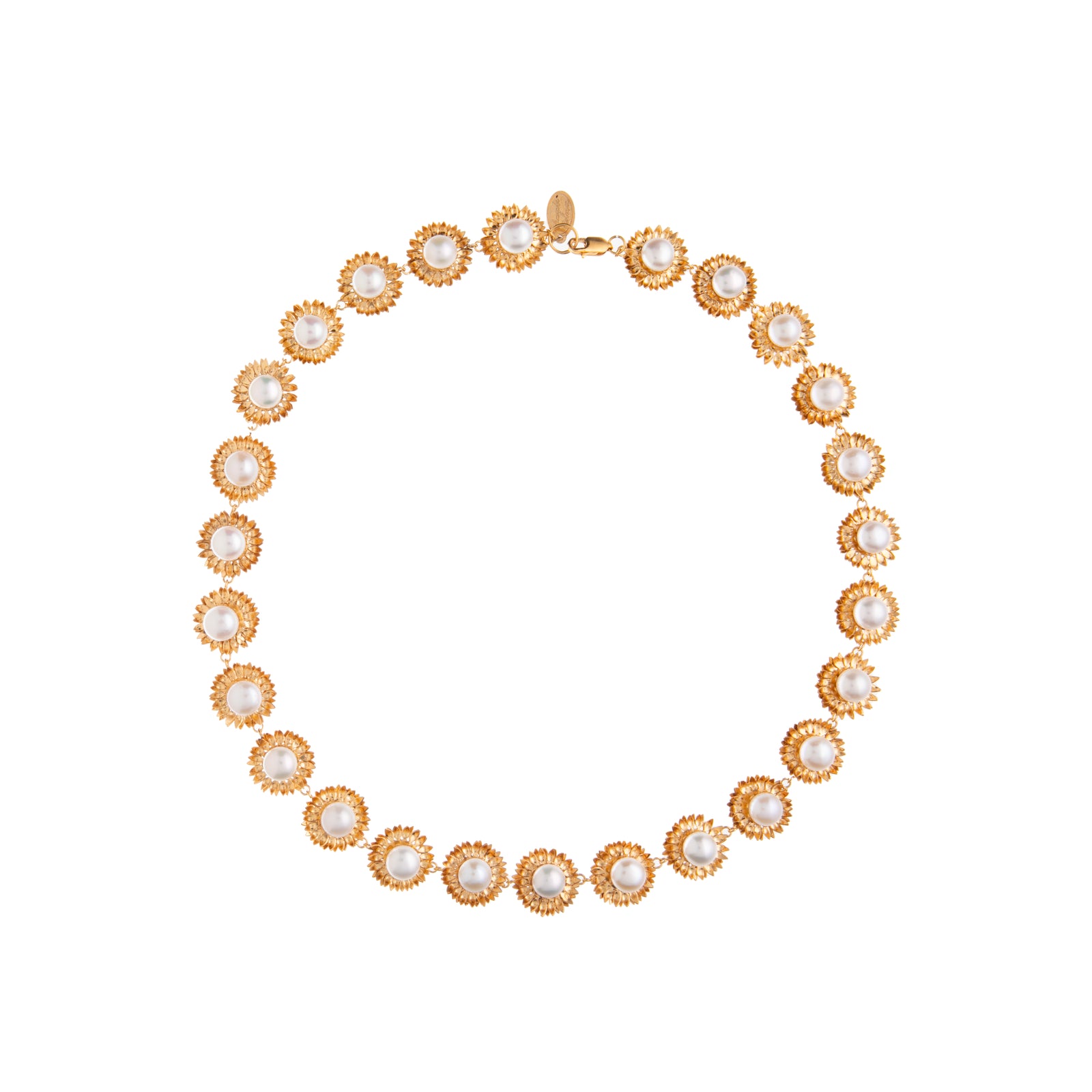 With gold vermeil and freshwater pearls in the center, this sunflower necklace will certainly make a statement and shine like a real sunflower. 