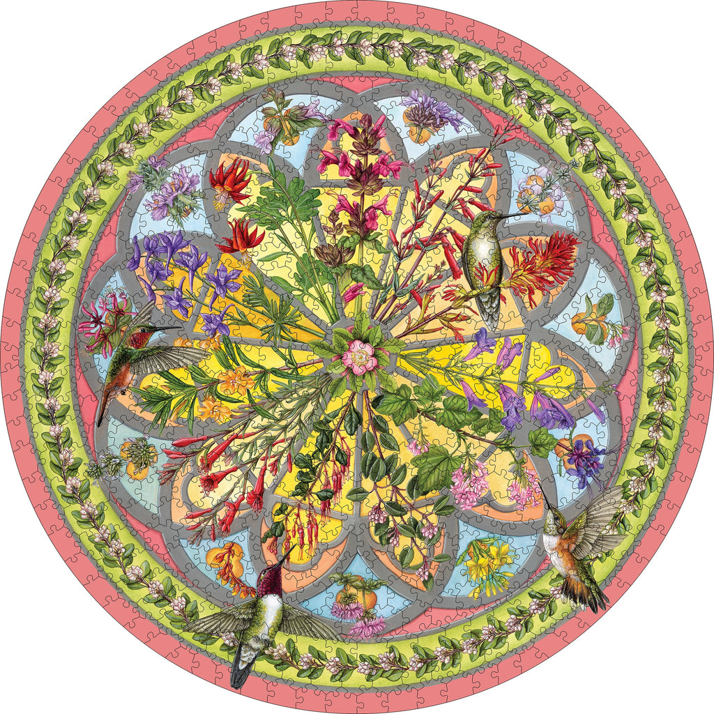 Celebrate the energetic hummingbird with this gorgeous 500-piece, work-of-art puzzle. Fine artist and botanical illustrator Erin E. Hunter beautifully captures the plant-pollinator relationship between hummingbirds and gorgeous manzanita blossoms with her Floral Compass illustration. Puzzle size: 22" x 22".