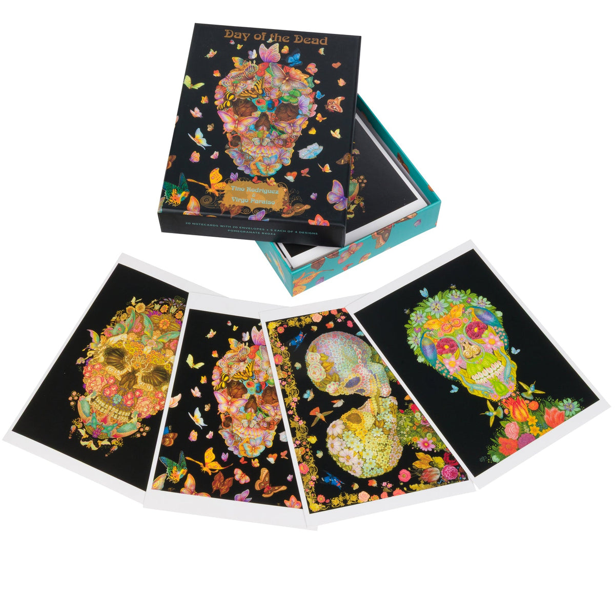 A boxed art print set featuring colorful sugar skull illustrations on black backgrounds, with one closed box standing upright and several printed sheets fanned out in front on a white background.