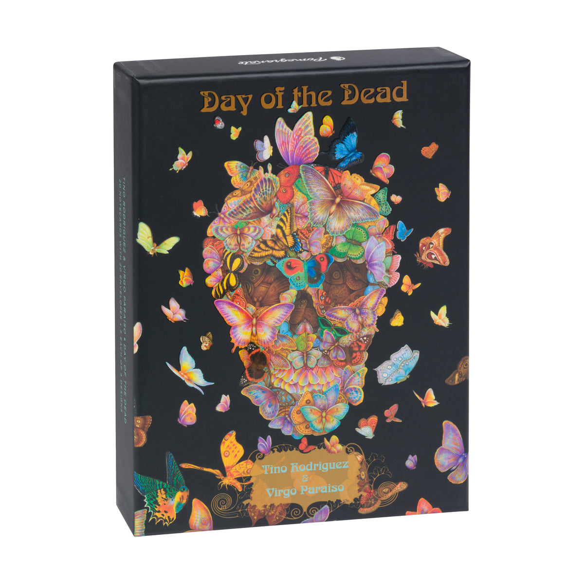Boxed notecard set titled "Day of the Dead" shown at a slight angle on a plain white background. The box is black with a large colorful skull illustration made of flowers, butterflies, and decorative elements, plus smaller butterflies around it.