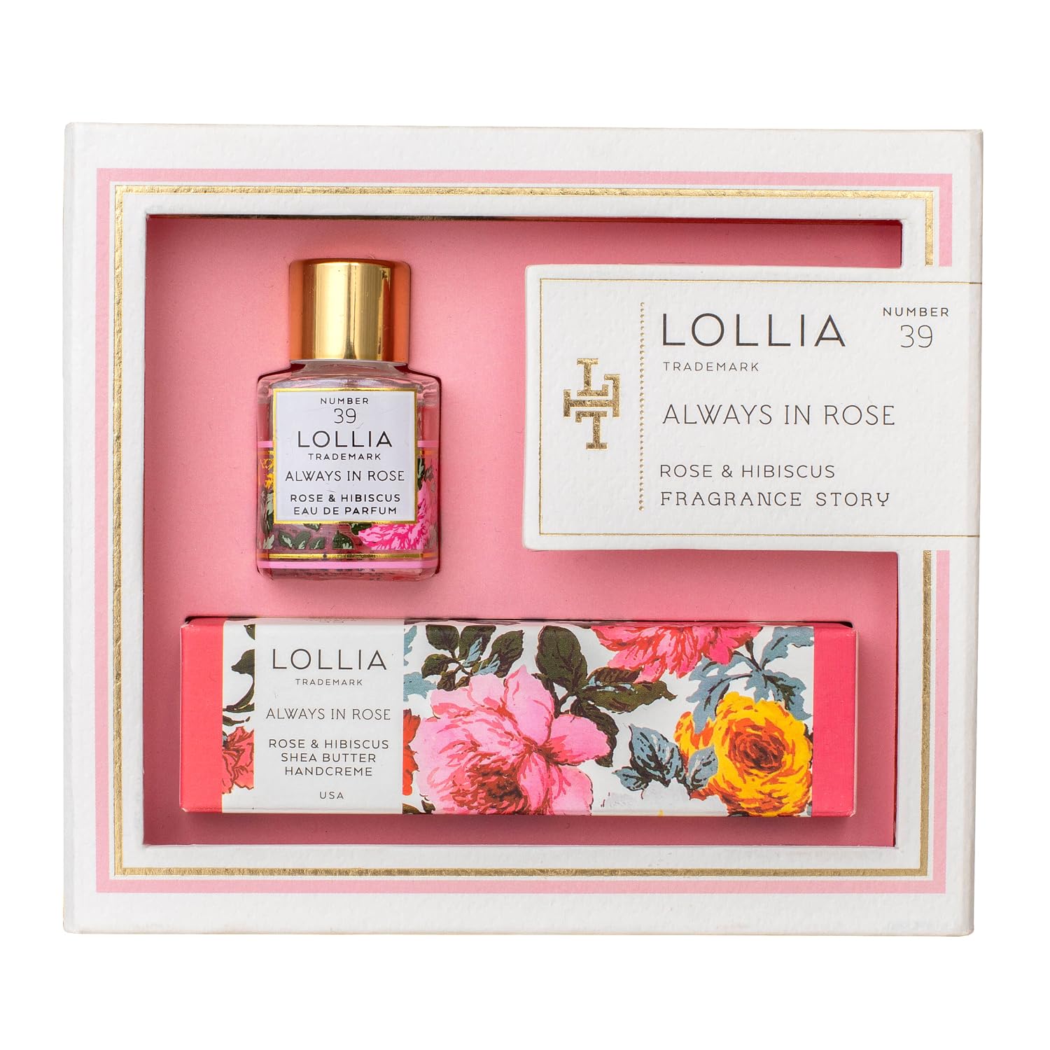 The exquisite notes of a rose in bloom can be taken home or on the go with this Always in Rose fragrance story. The set includes a perfectly compact travel size Eau de Parfum and Hand Creme with shea butter. Featuring notes of rose and hibiscus. Notes: Rose, Hibiscus Dimensions: Approx. 4" x 4" x 1"