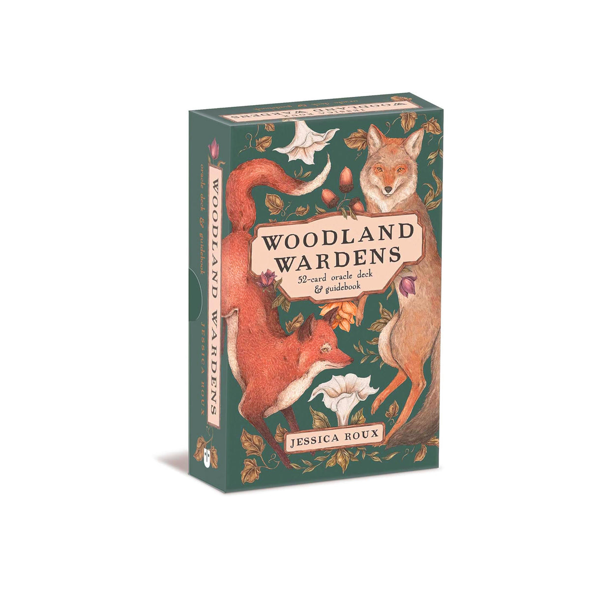 Woodland Wardens oracle deck packaging with foxes and floral designs on a dark green background