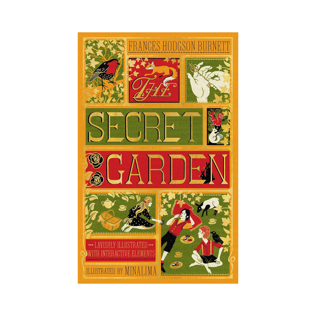 Book cover of 'The Secret Garden' with colorful illustrations and text.