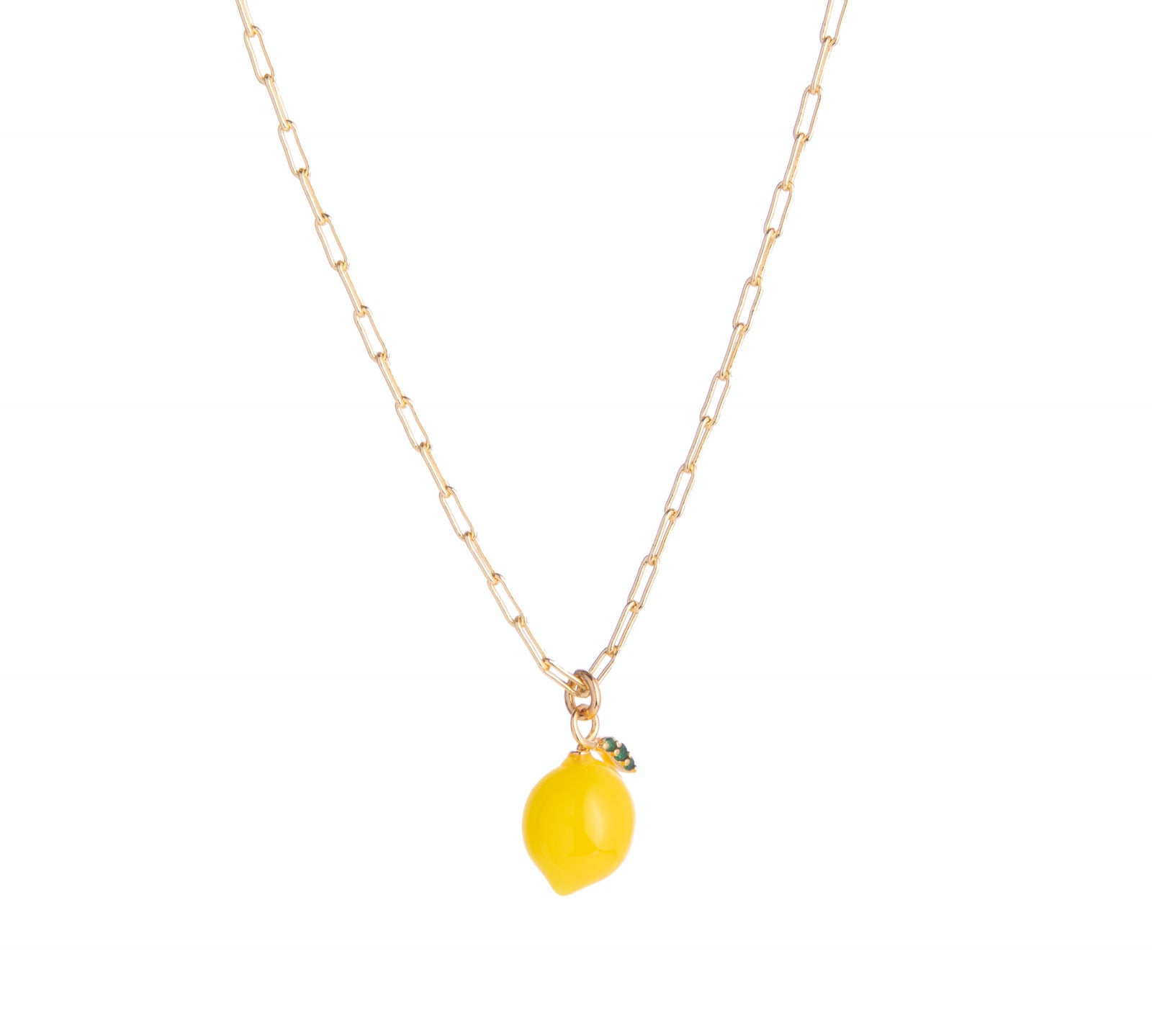 These gorgeous necklaces with paper clip chains feature either a resin orange or lemon pendant. With adorable detail on each, the necklaces would go perfect with any outfit, or as a gift to a friend. Material: Brass, Resin, Enamel Dimensions: 16" plus 2" extender Lobster clasp closure Lead and Nickel-free
