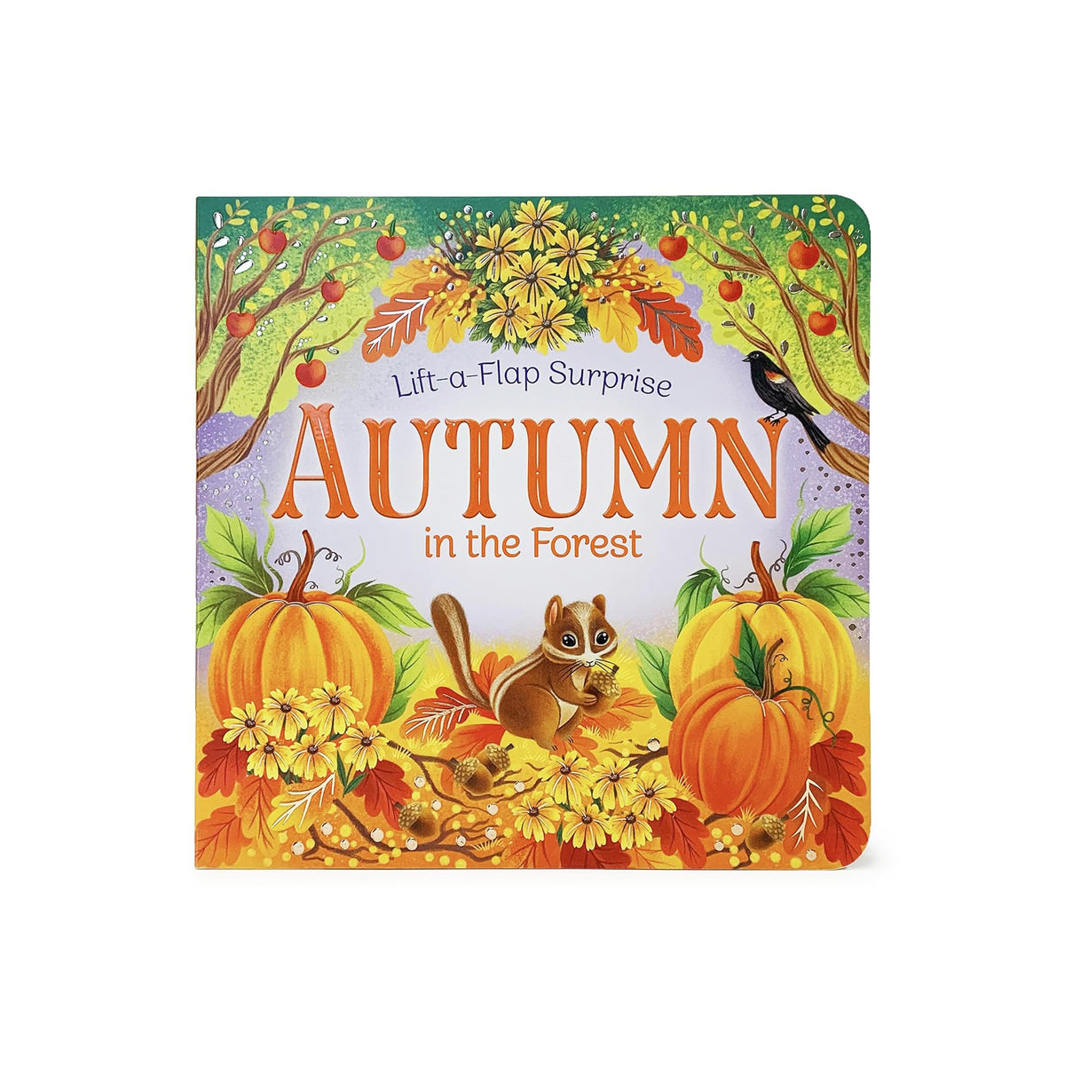 A children's lift-the-flap board book titled 'Autumn in the Forest' featuring a colorful autumn forest illustration with pumpkins, leaves, a squirrel, and a bird on a white background.