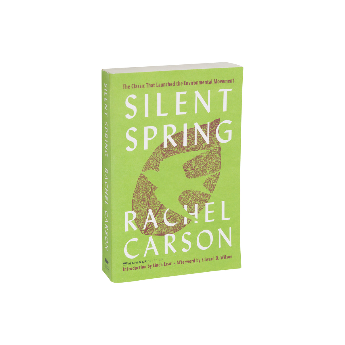 The book 'Silent Spring' by Rachel Carson, published by Harper & Row, featuring a light green cover with a large brown leaf pattern and white text, shown on a plain white background.