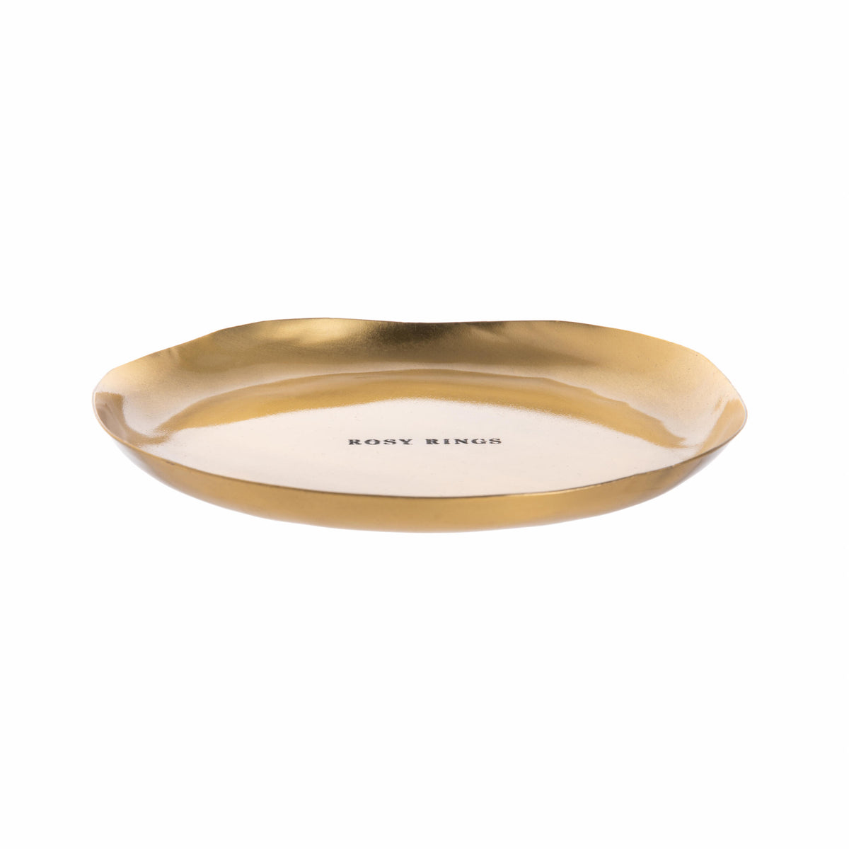 Gold round candle dish with 'ROSY RINGS' branding on a white background