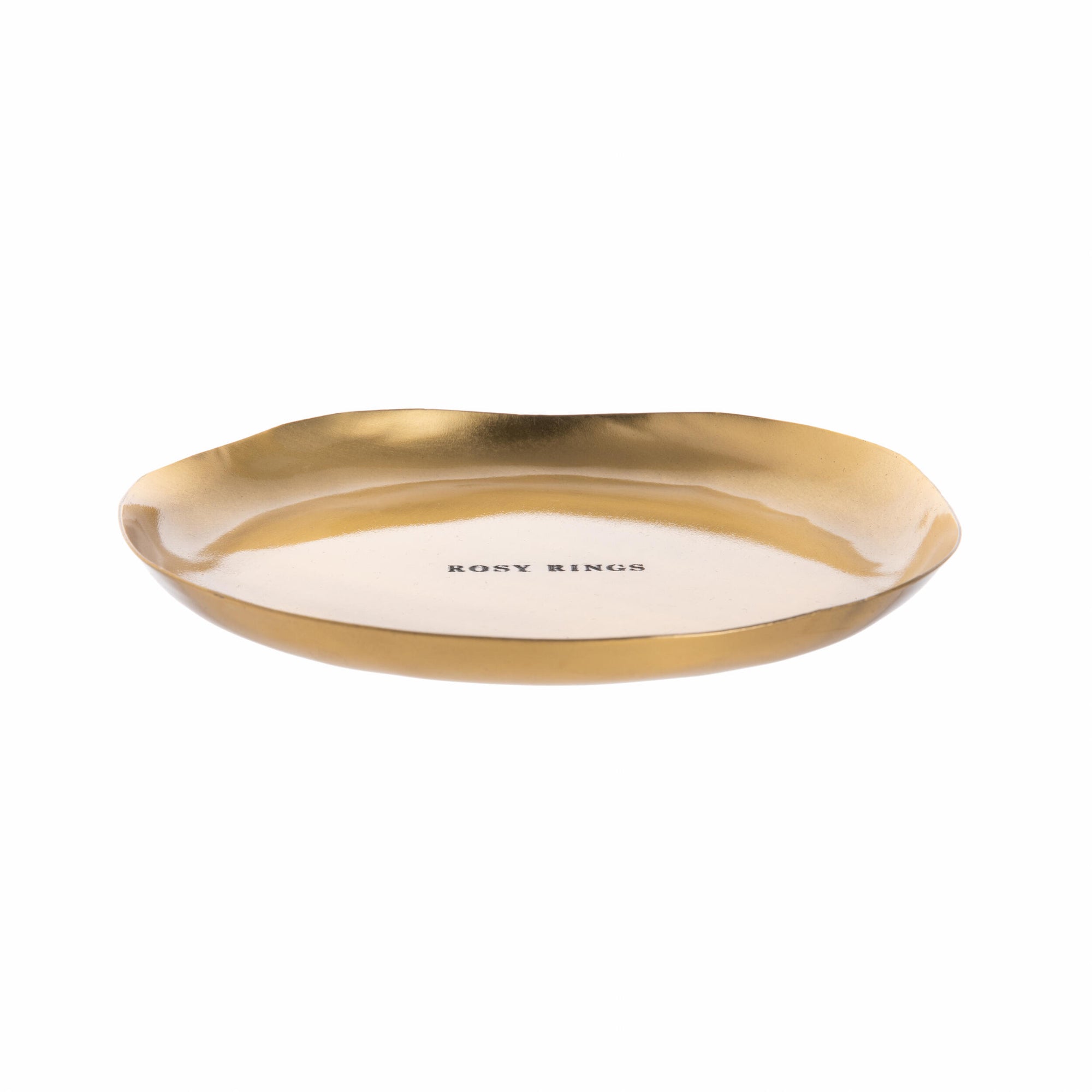 Gold round candle dish with 'ROSY RINGS' branding on a white background