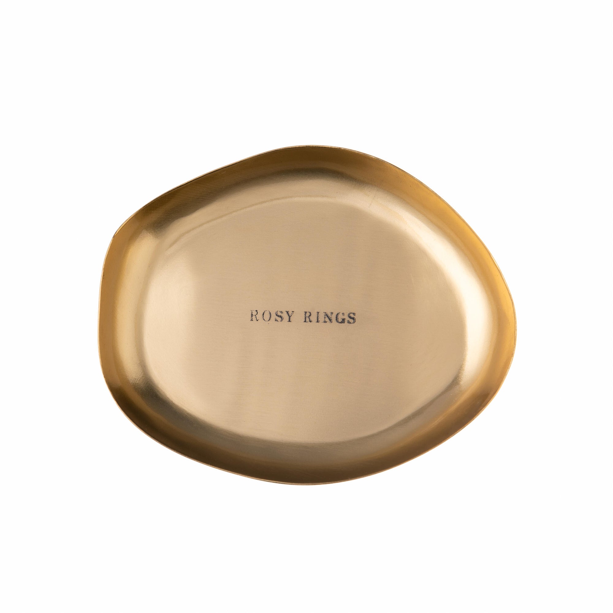Gold oval-shaped candle dish with 'Rosy Rings' branding on a white background