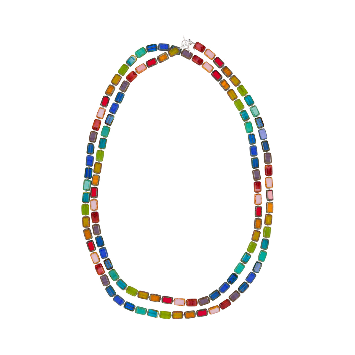 A double-strand beaded necklace made of small rectangular glass beads in a rainbow of colors, arranged in an oval shape on a plain white background.