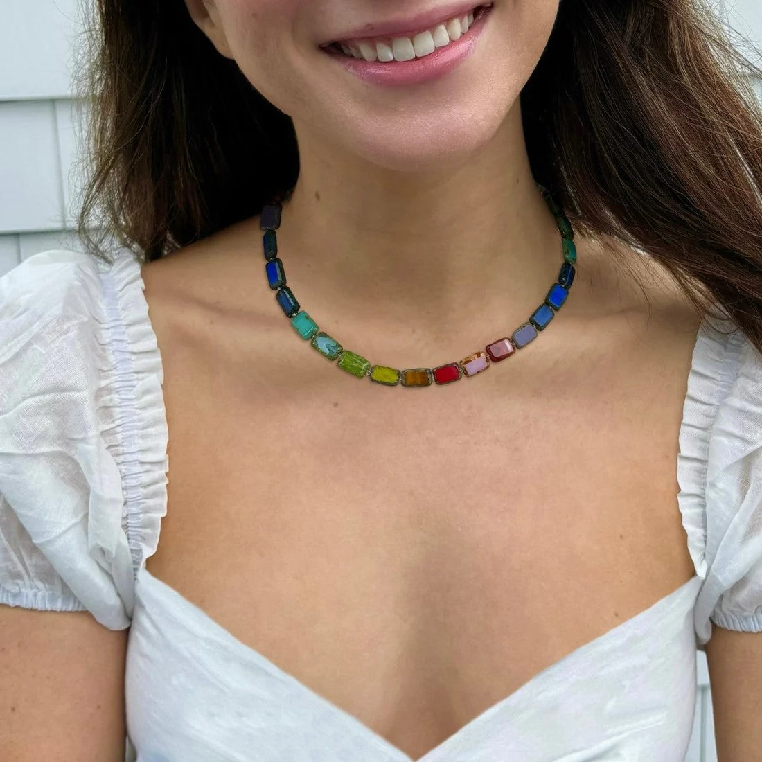 Revel in all the colors of the rainbow with this glass beaded necklace. This gorgeous handmade necklace with multicolor glass beads is a wonderful addition to any outfit as it can be paired with any color you wear. With a sterling silver toggle clasp.  Glass beads Dimensions: 18" strand Sterling silver toggle clasp