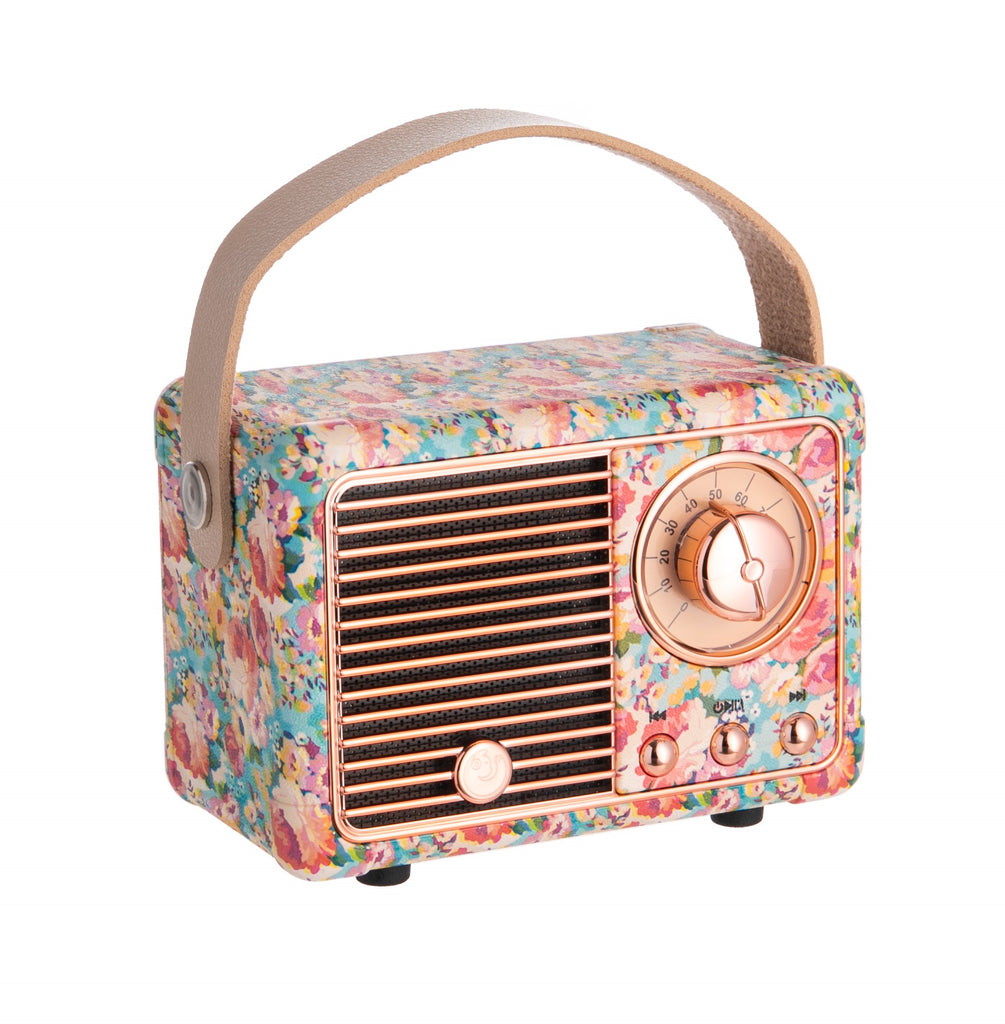 This beautiful, vintage-style floral-print speaker would make a unique and stylish gift for any music lover. Easily portable, rechargeable, and wireless, this speaker can go wherever you go. Bluetooth speaker Comes with USB charging cable and 3.5 mm audio cable. Dimensions: 3" x 2.5" x 2".