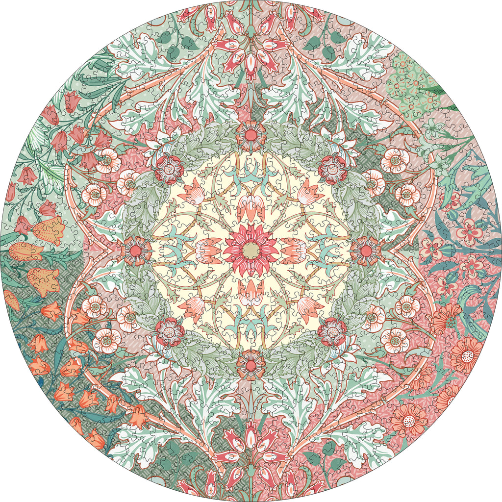 Immerse yourself in the Arts and Crafts movement with this William Morris Round Puzzle. According to English textile designer and artist William Morris, art can and should find expression in objects that form the backdrop to everyday life. You can bring a touch of art to everyday life with this unique and beautiful puzzle. Includes an 8" x 10" insert of the completed puzzle art for reference Box size: 8" x 10" x 1.8" Puzzle size: 22" x 22"