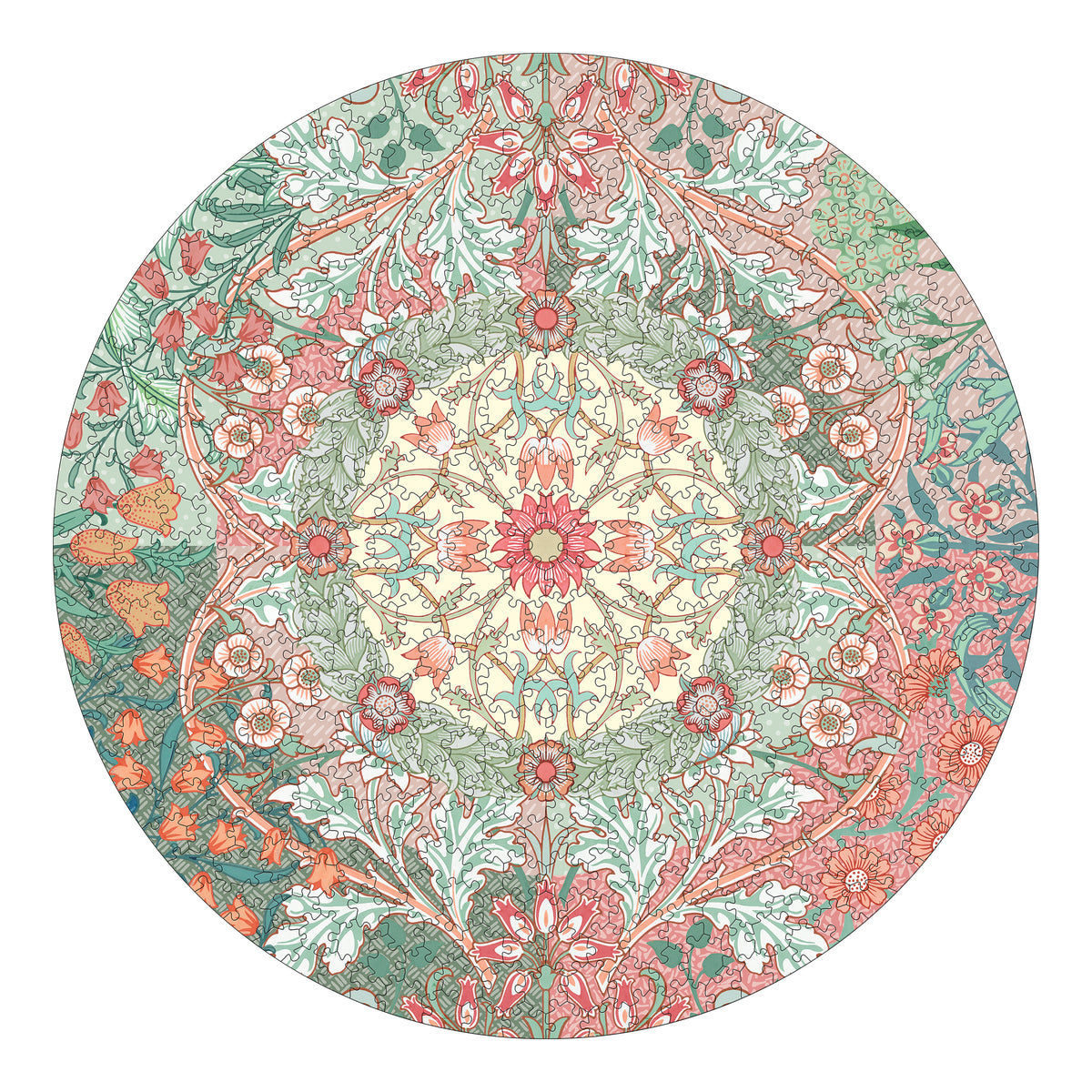 Circular design jigsaw puzzle with a William Morris floral pattern in red, green, and beige on a white background