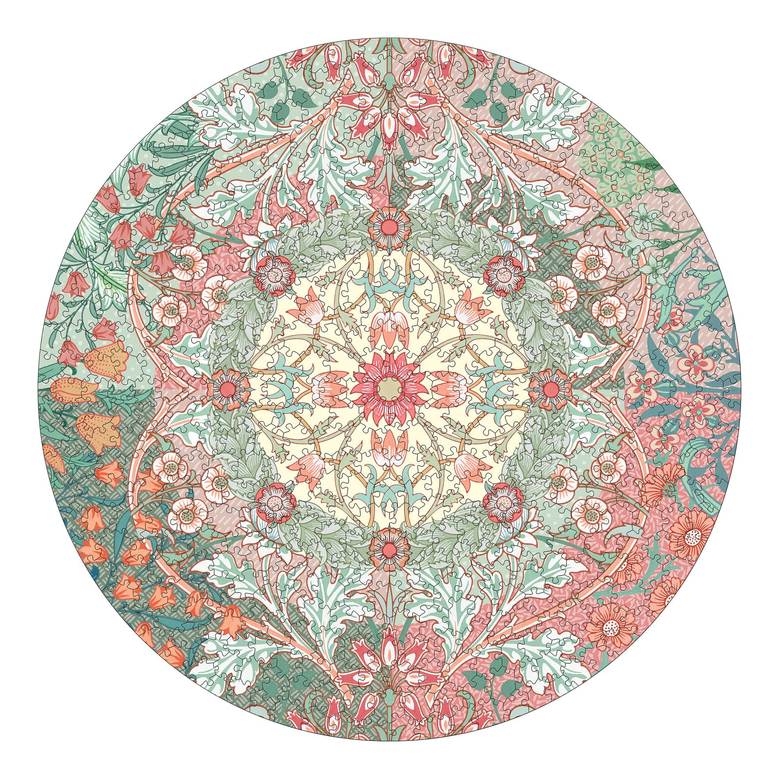 Circular design jigsaw puzzle with a William Morris floral pattern in red, green, and beige on a white background