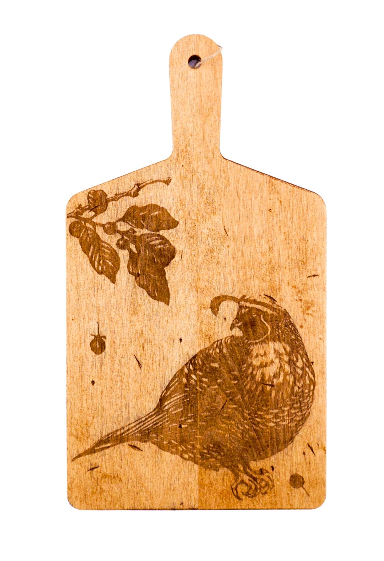 This engraved maple wood serving board features an exquisitely detailed quail. With a handle and hole for wall hanging, this versatile board could be used practically or as a decor piece. A great gift for any bird-watching friend. Dimensions: 11" x 6" x 0.5" Material: maple wood. Made in Vermont.