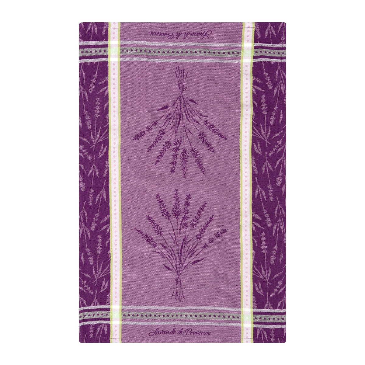 Purple towel with lavender designs and text on a white background
