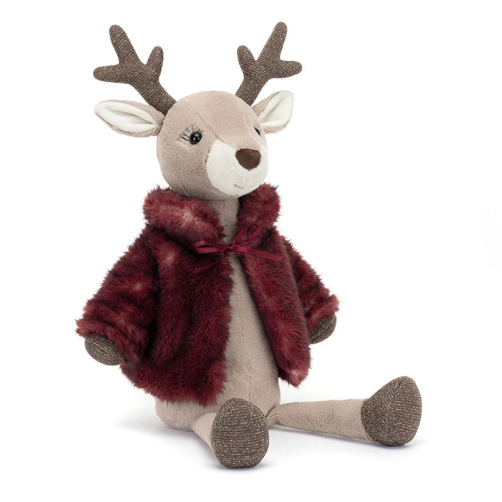 Vivien Reindeer is looking warm in this winter fur coat! This plush has almond fur, stitch lashes, praline antlers and mocha hooves. Vivien's textured berry coat with satin lining, which also fastens with a ribbon, can be taken off when it's time to strut! Dimensions: 18.1" x 4.3" x 4.3" Material: Polyester, PE Beans