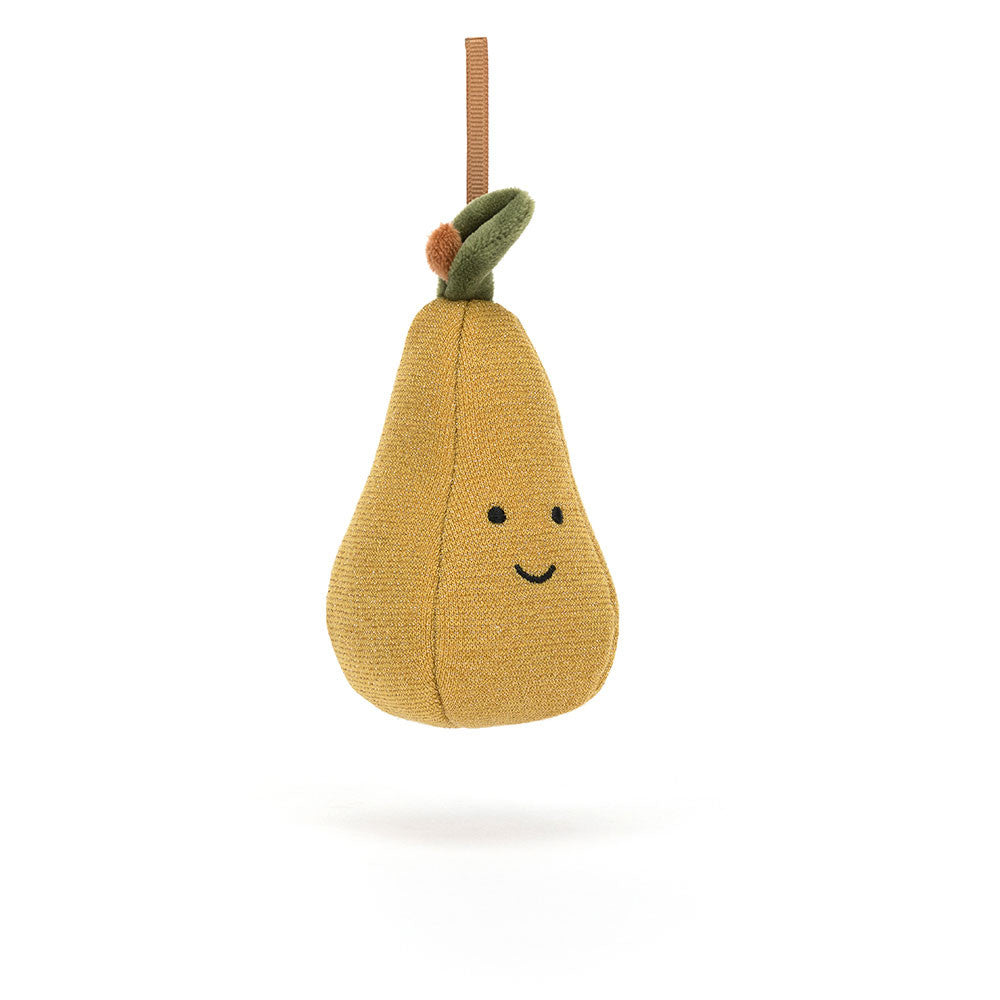 This ornamental plush Festive Folly Pear is ripe for the taking! This pear has gold jersey skin, a green leaf and stalk, as well as a ribbon for fastening in place. Hang it on your holiday tree or on the wall as an addition to your holiday decor. Dimensions: 3.9" x 2.4" x 2.4" Material: Polyester Suitable from birth