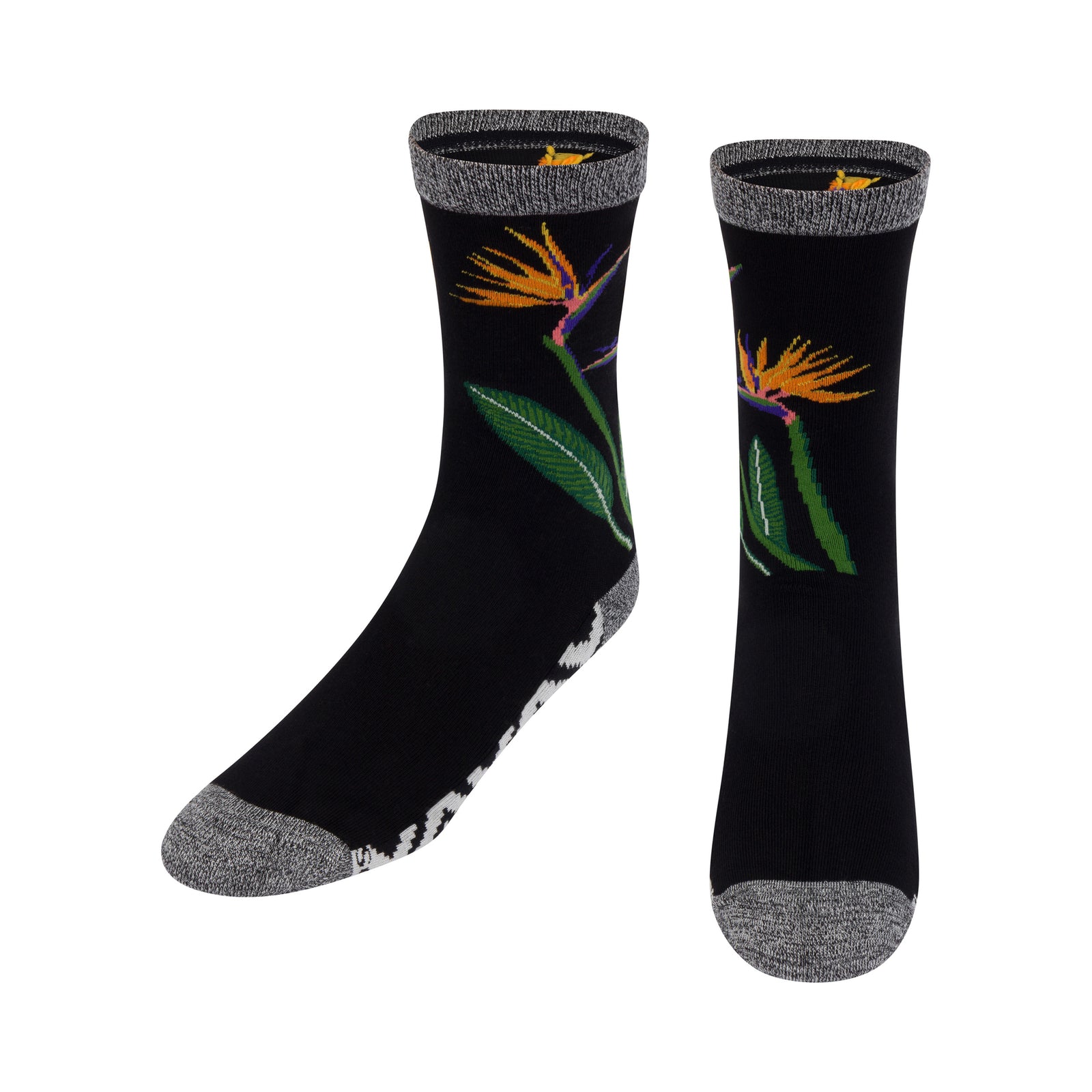 Black socks with colorful bird-of-paradise flower design on a white background