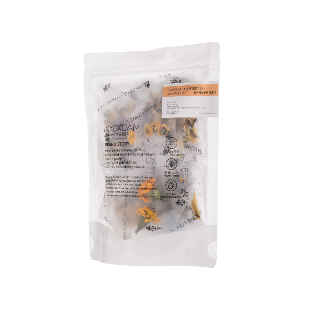 This pouch contains a variety of butterfly teabags to make a beautiful herbal tea. Included in the box are one sample teabag of mugwort, chrysanthemum, Siberian chrysanthemum, acacia, cockscomb, marigold, magnolia, and cherry blossom. 