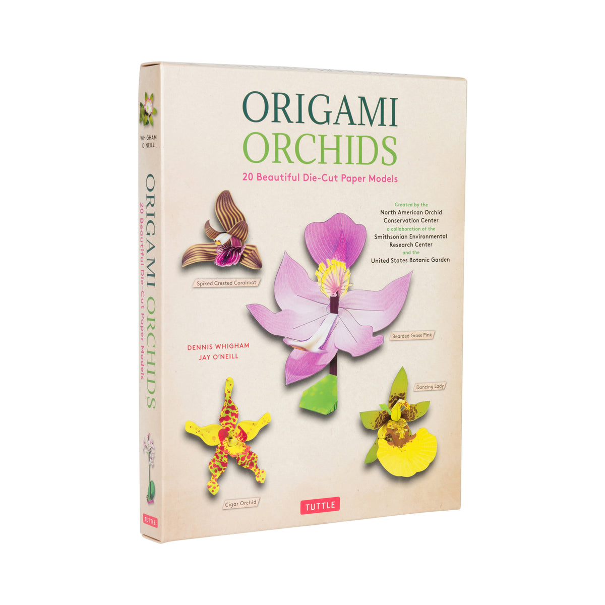 Book cover of 'Origami Orchids' with illustrations of paper orchids on a beige background.