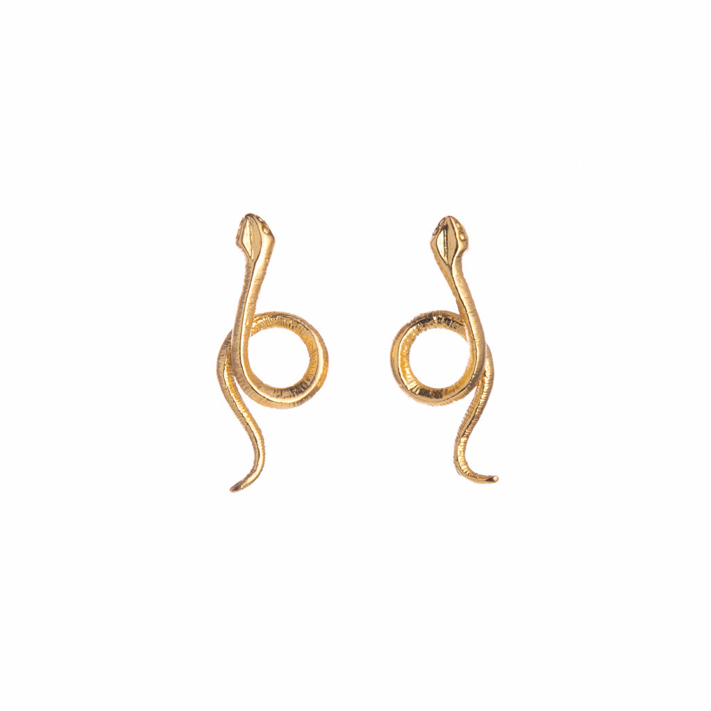 Slither your way into glamour with these elegant gold snake earrings. With snakes that hang just slightly coiled, you will channel major serpentine style. 