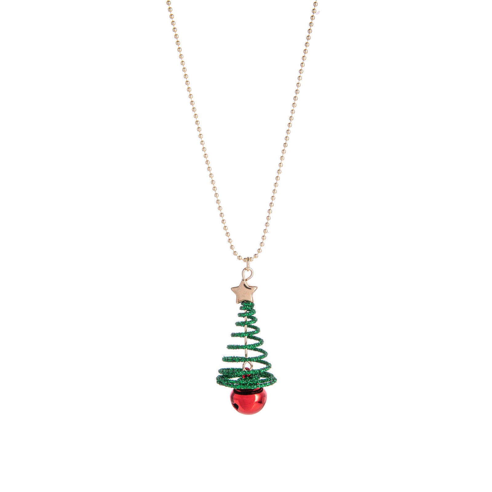 Christmas tree-shaped pendant necklace with a red bell on a white background