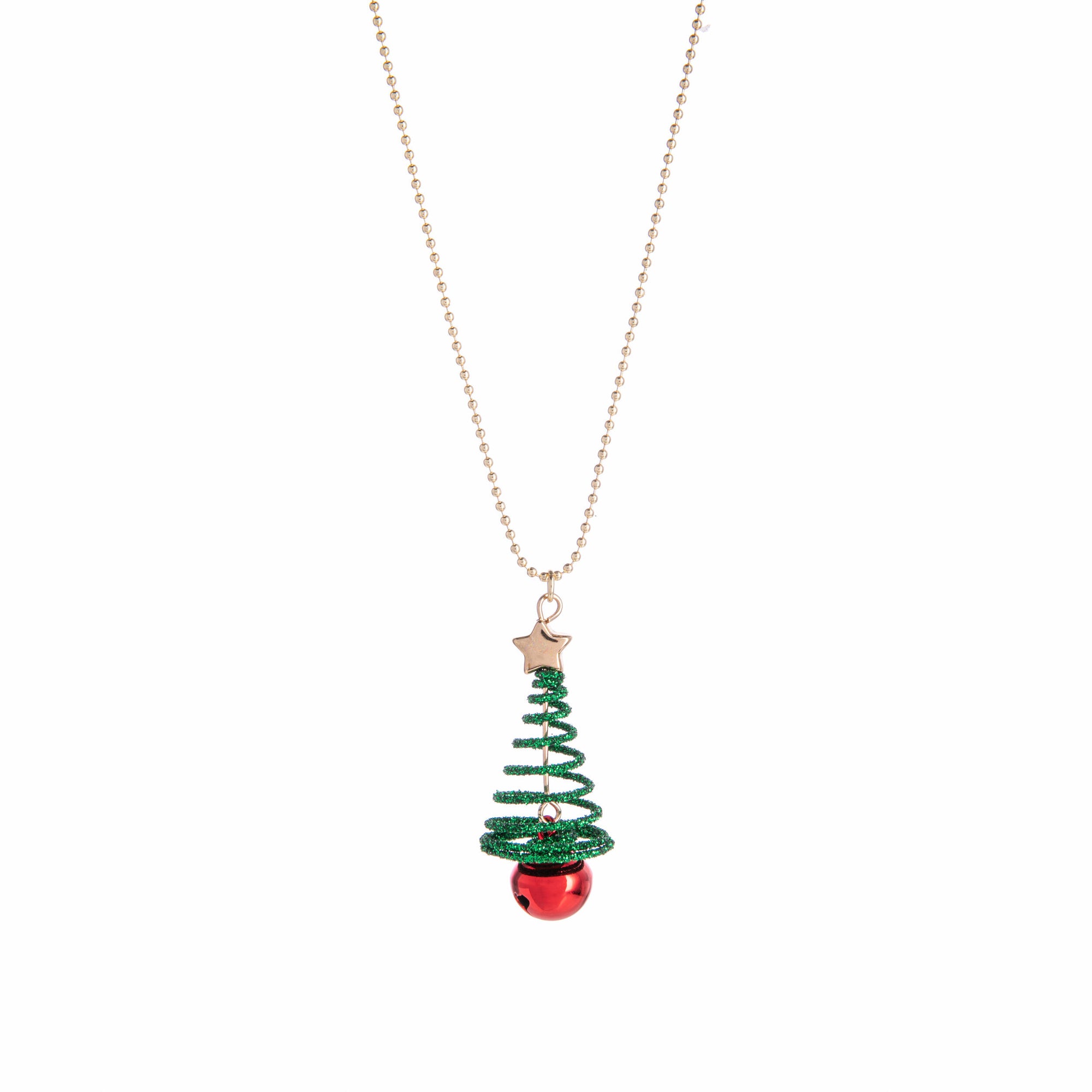 Christmas tree-shaped pendant necklace with a red bell on a white background