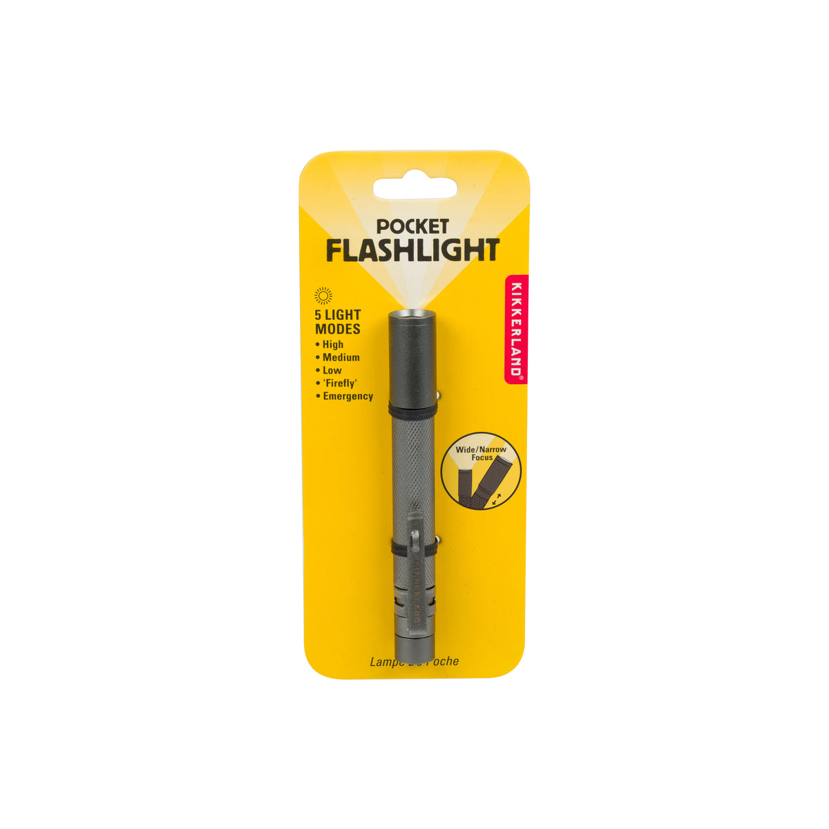 A pocket flashlight in its original yellow retail blister packaging, featuring a metallic gray cylindrical flashlight with a black tip and base.