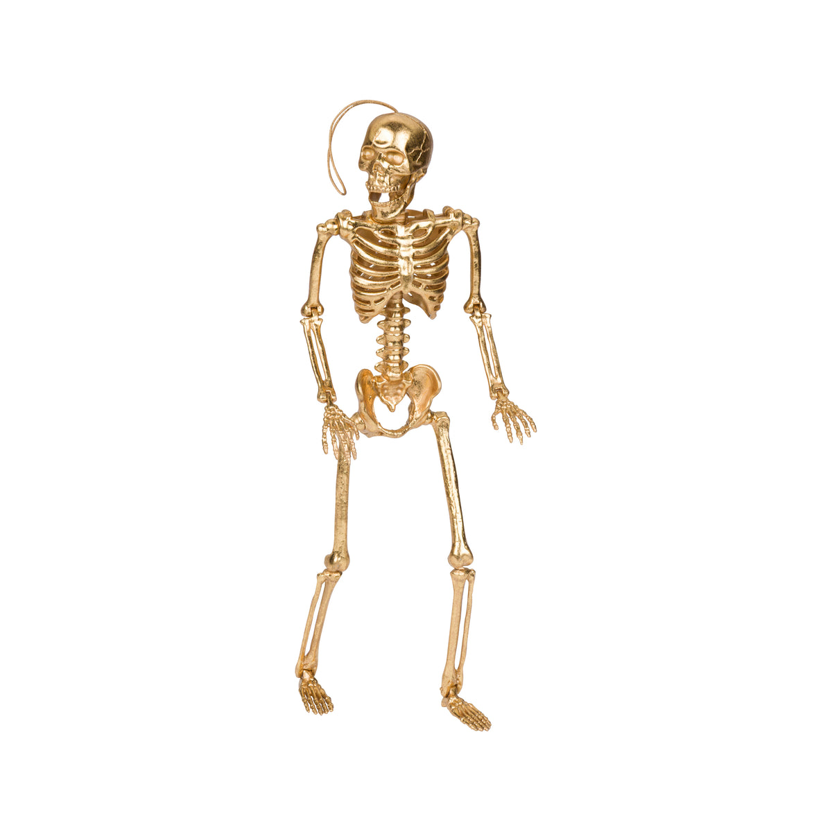 A metallic gold plastic skeleton figurine with a flexible neck, posed standing on a plain white background.