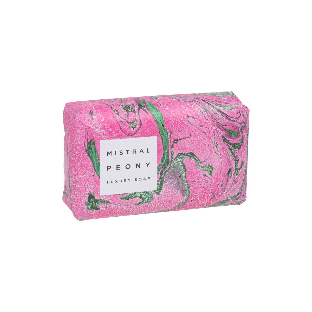 Pink and green marbled soap bar with 'Mistral Peony' label on a white background