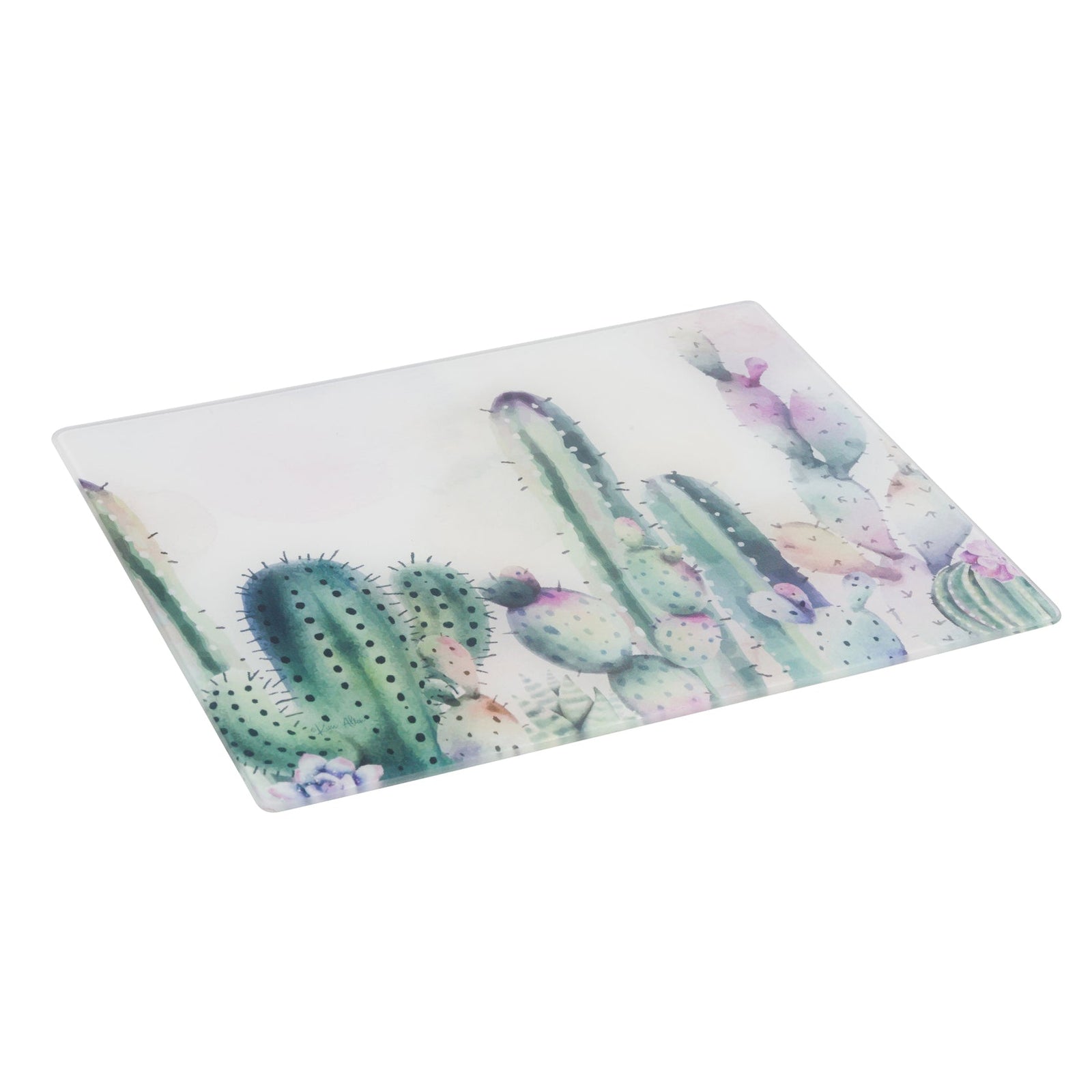 A tempered glass cutting board with a watercolor-effect design featuring various cacti, such as saguaro and prickly pears, against a light background.