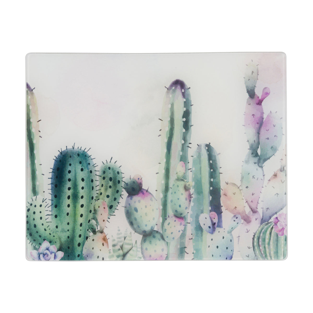 A tempered glass cutting board with a watercolor-effect design featuring various cacti, such as saguaro and prickly pears, against a light background.