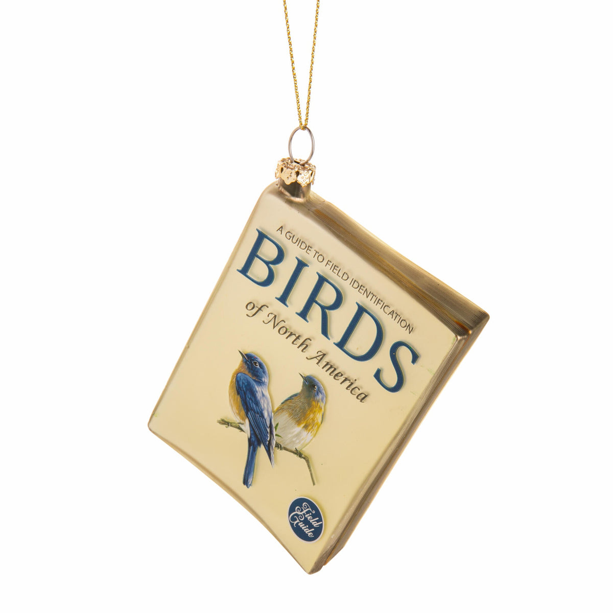 Decorative ornament shaped like a book titled 'Birds of North America' with illustrations of birds on a white background.
