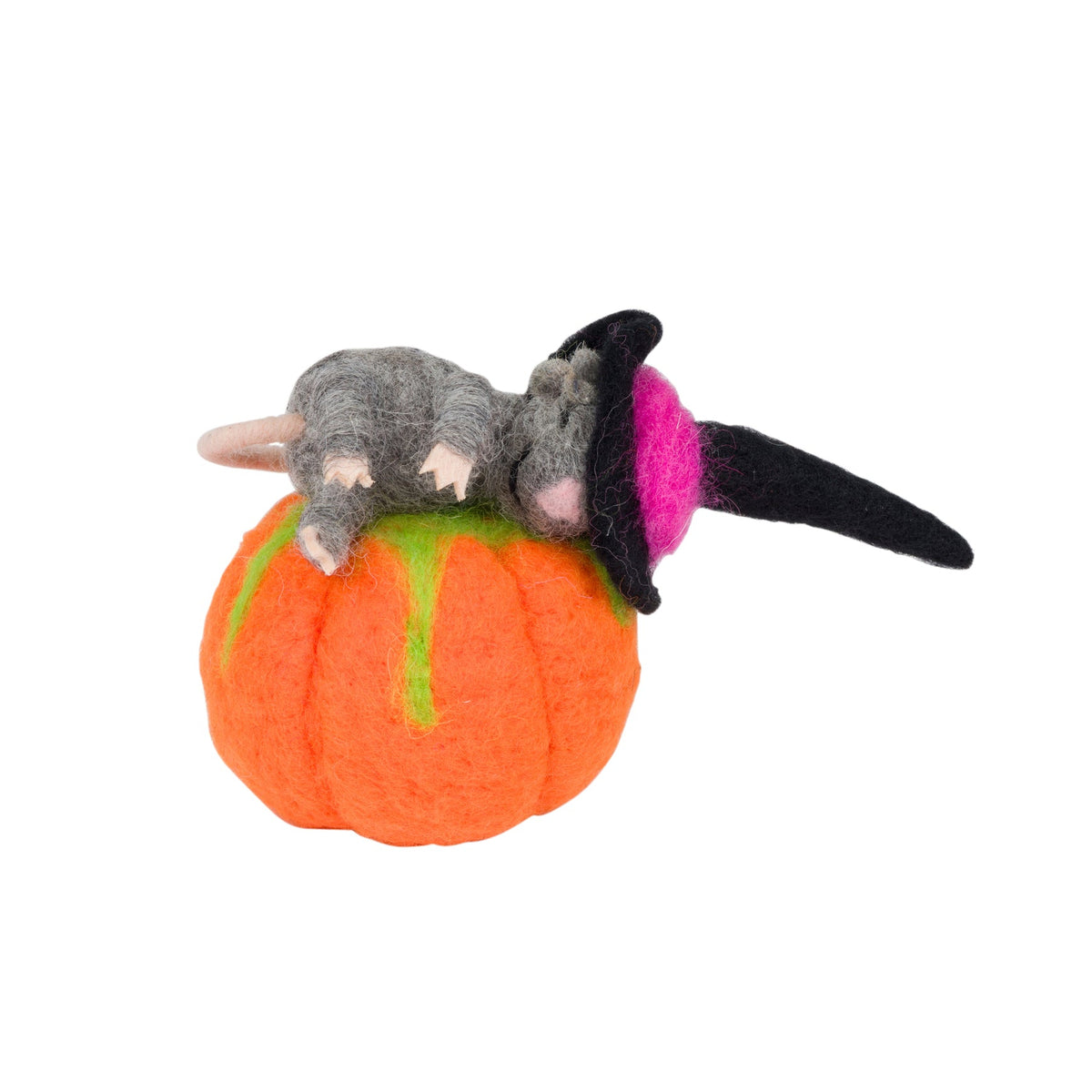 A handcrafted felt Halloween decoration featuring a gray mouse wearing a black hat with a pink brim, sitting on top of an orange pumpkin with green stem details, isolated on a white background.