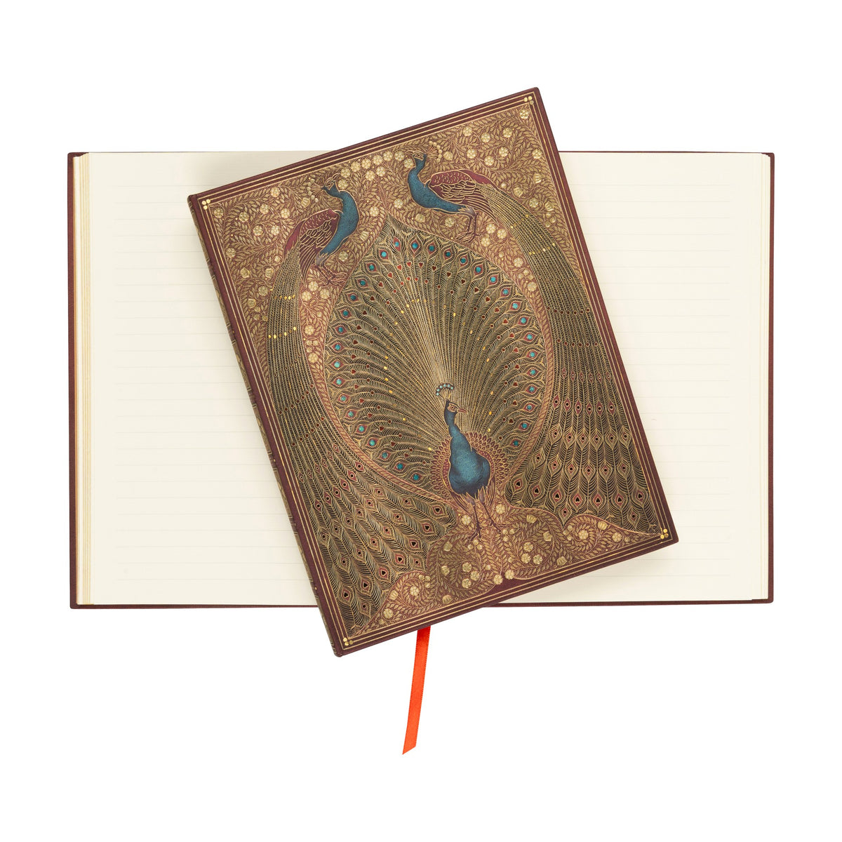 Decorative book with peacock design on a white background