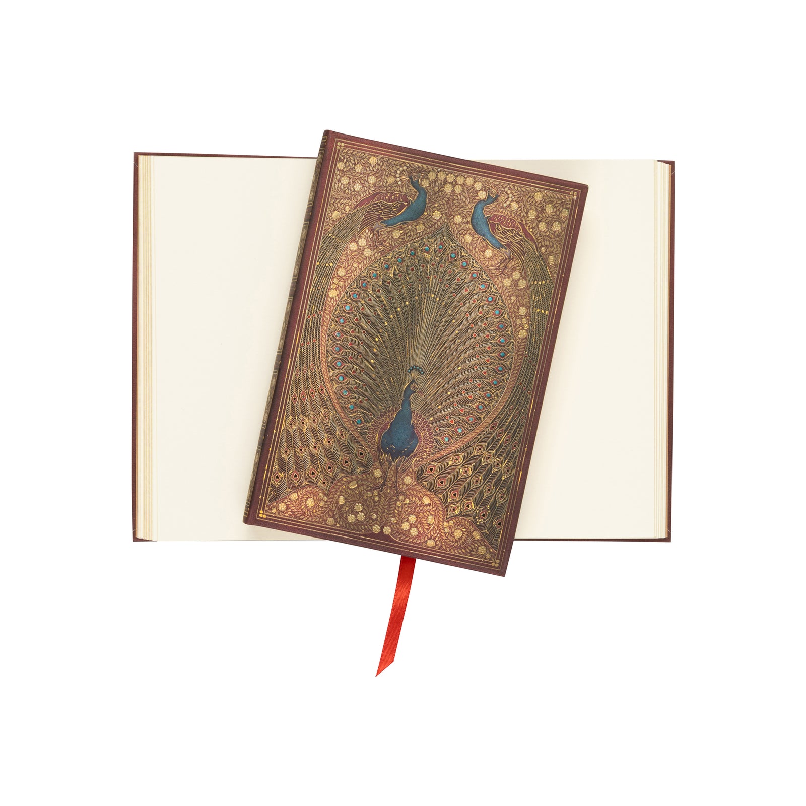 Decorative notebook with peacock design on a white background