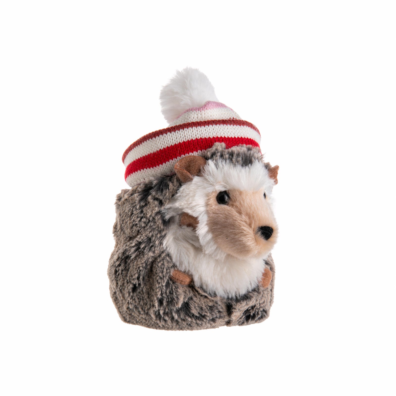 Plush toy hedgehog wearing a red and white striped hat on a white background