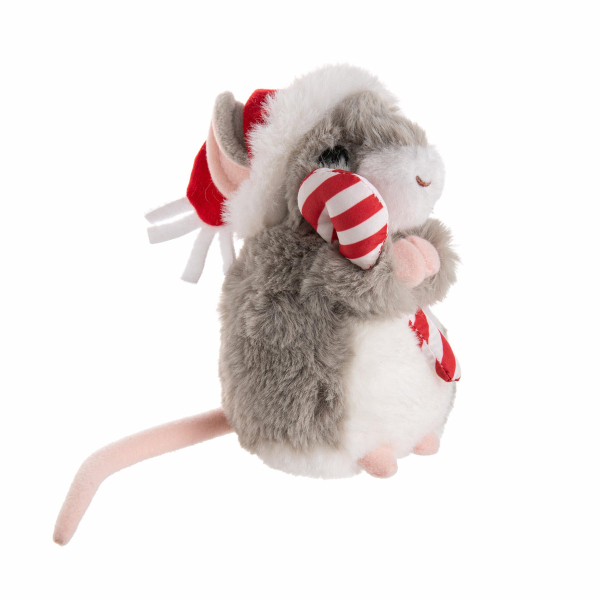 Plush toy mouse in a Santa hat holding a candy cane on a white background